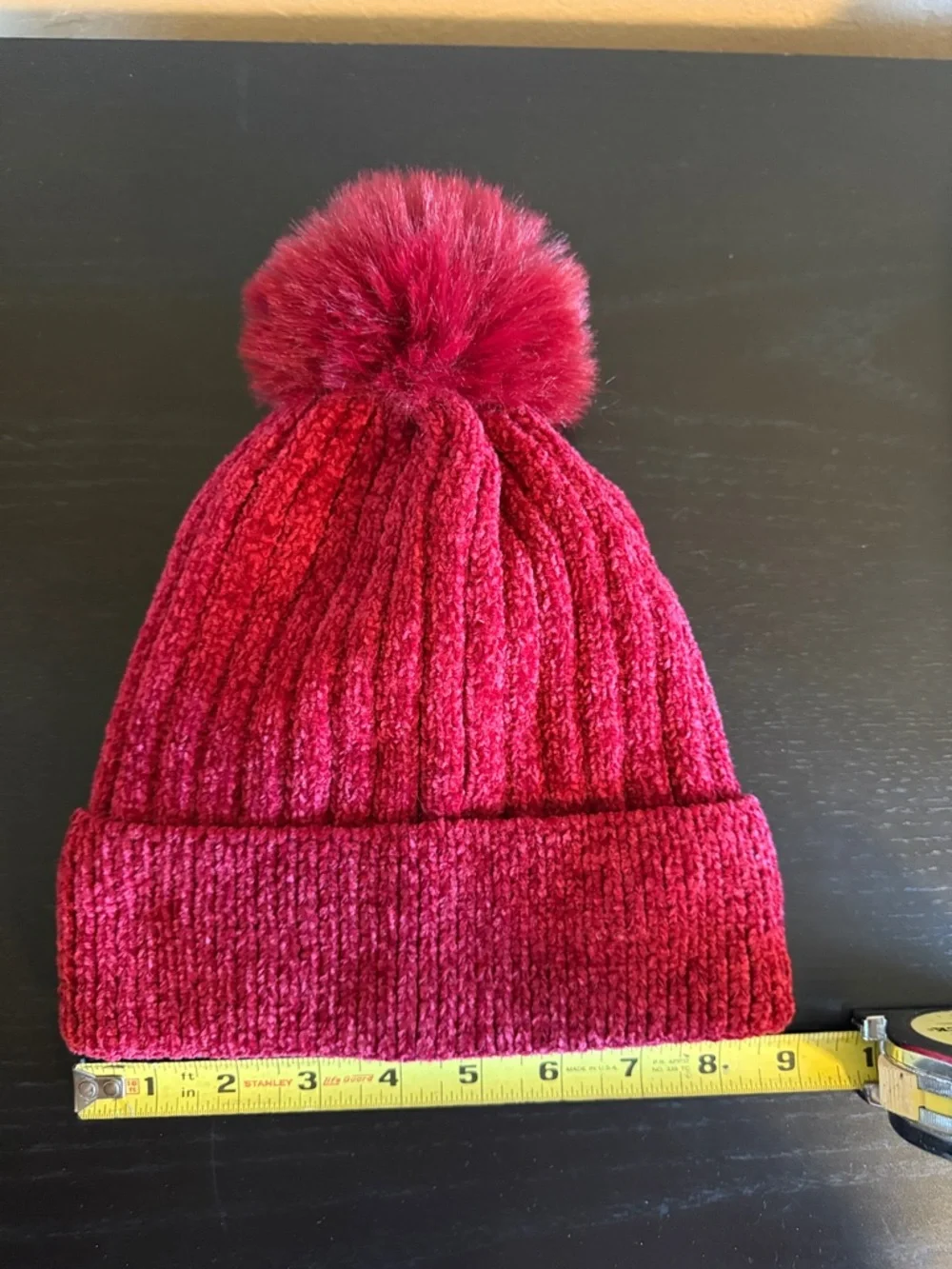Cranberry Red Chenille Ribbed Knit Beanie Faux Fur Pom Pom Winter Hat OS